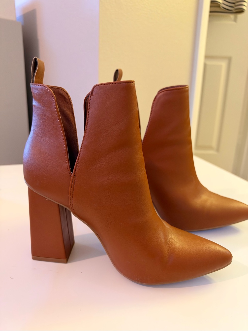 BAMBOO Cognac Pointed Toe Block Heel Ankle Boots
